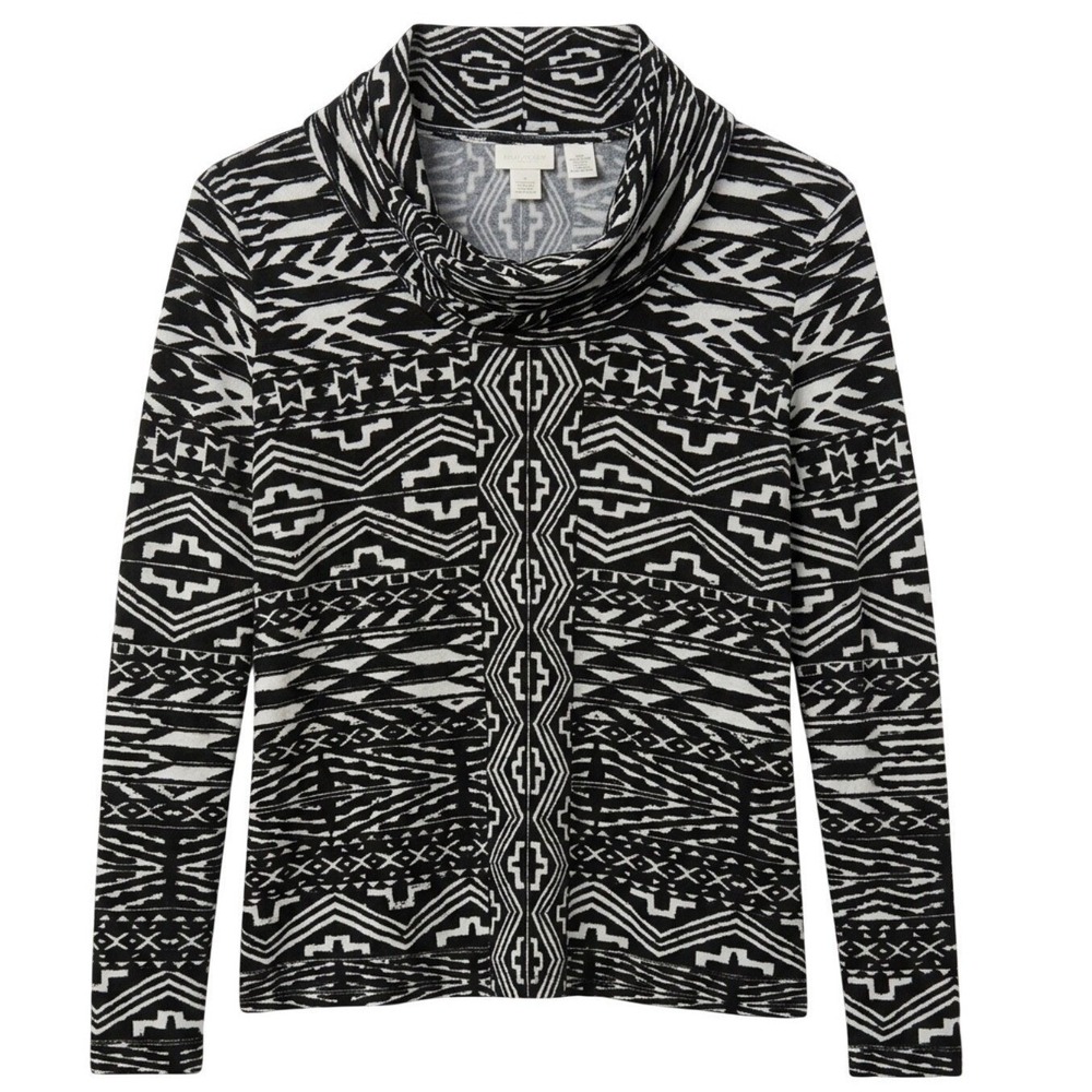 Chico's Womens Cowl Neck Geometric Tribal Print Top Black White Size 2 Large